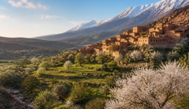 Moroccan landscape showing green valleys, Atlas Mountains and warm seasonal weather