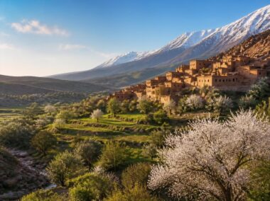 Moroccan landscape showing green valleys, Atlas Mountains and warm seasonal weather