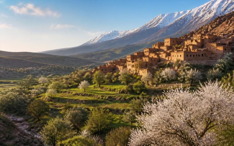 Moroccan landscape showing green valleys, Atlas Mountains and warm seasonal weather