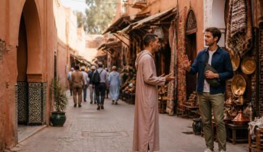 Traveler politely declining unsolicited help in a busy Moroccan medina