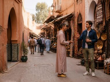 Traveler politely declining unsolicited help in a busy Moroccan medina
