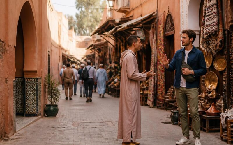 Traveler politely declining unsolicited help in a busy Moroccan medina
