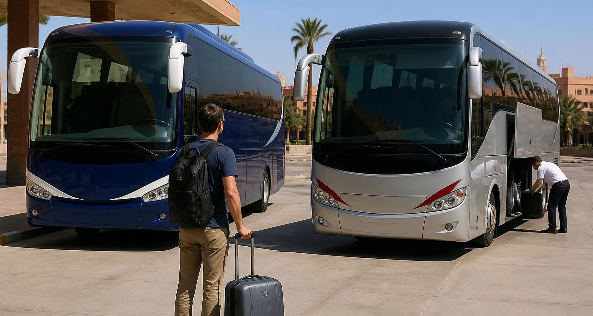 Two modern intercity coaches at a Moroccan bus terminal