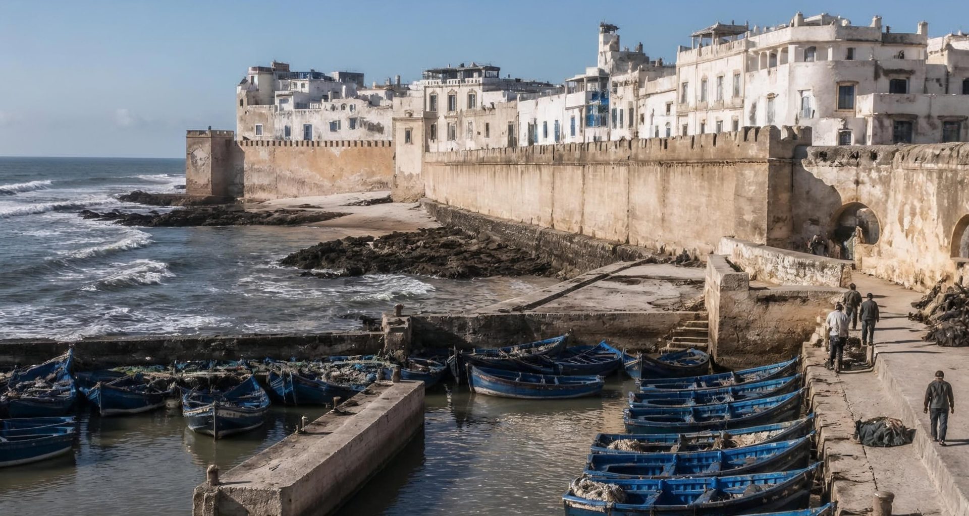 Essaouira medina ramparts, fishing port and Atlantic coast in Morocco