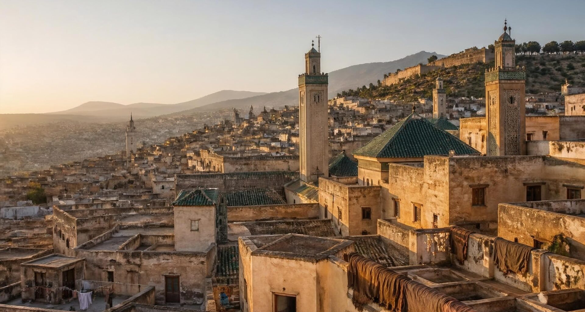 Rooftops, minarets and traditional architecture across the historic medina of Fes, Morocco