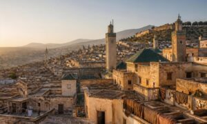 Rooftops, minarets and traditional architecture across the historic medina of Fes, Morocco