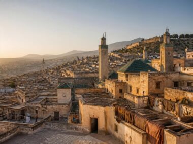 Rooftops, minarets and traditional architecture across the historic medina of Fes, Morocco
