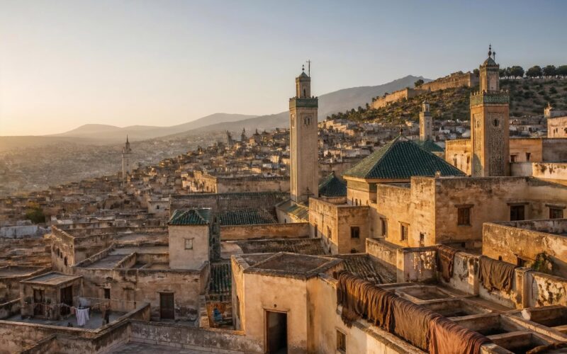 Rooftops, minarets and traditional architecture across the historic medina of Fes, Morocco