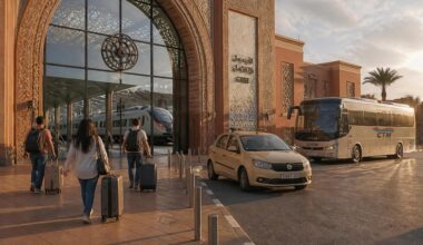 Train, coach and petit taxi illustrating the main ways of getting around Morocco