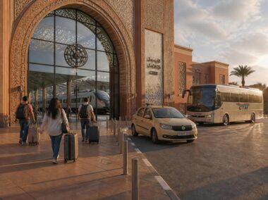 Train, coach and petit taxi illustrating the main ways of getting around Morocco