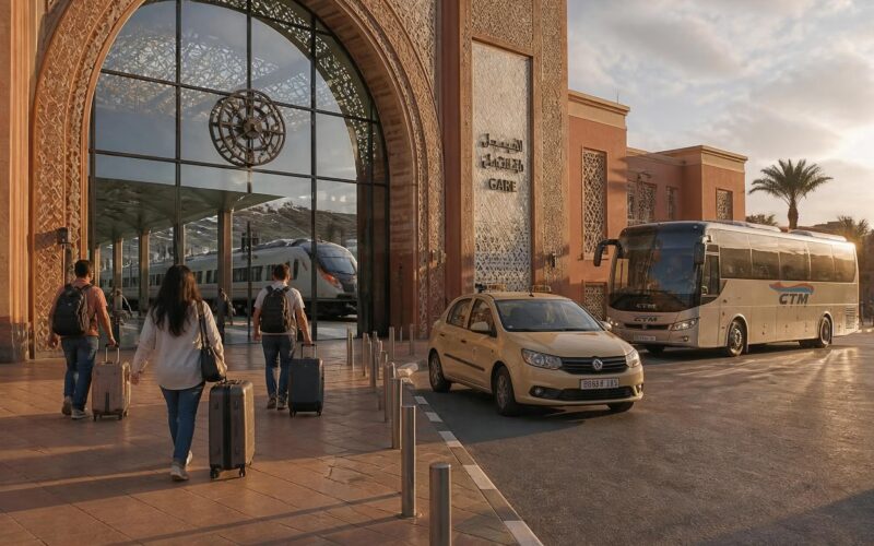 Train, coach and petit taxi illustrating the main ways of getting around Morocco