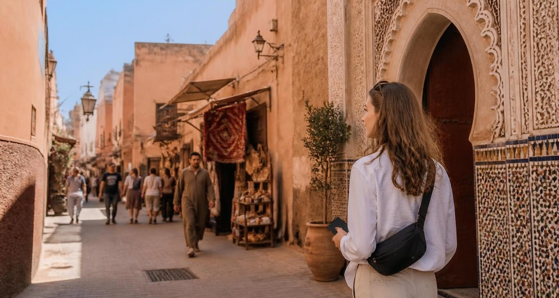 International traveler walking confidently through a busy Moroccan medina in daylight