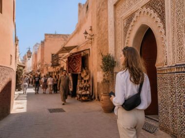 International traveler walking confidently through a busy Moroccan medina in daylight