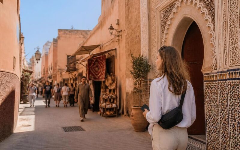 International traveler walking confidently through a busy Moroccan medina in daylight