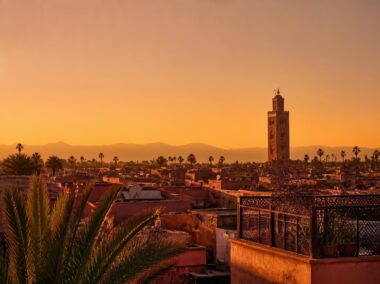 Marrakech medina rooftops and Koutoubia minaret at golden hour