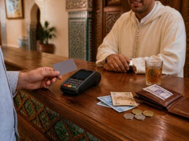 Moroccan dirham banknotes, coins and a bank card on a riad counter