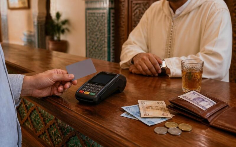 Moroccan dirham banknotes, coins and a bank card on a riad counter