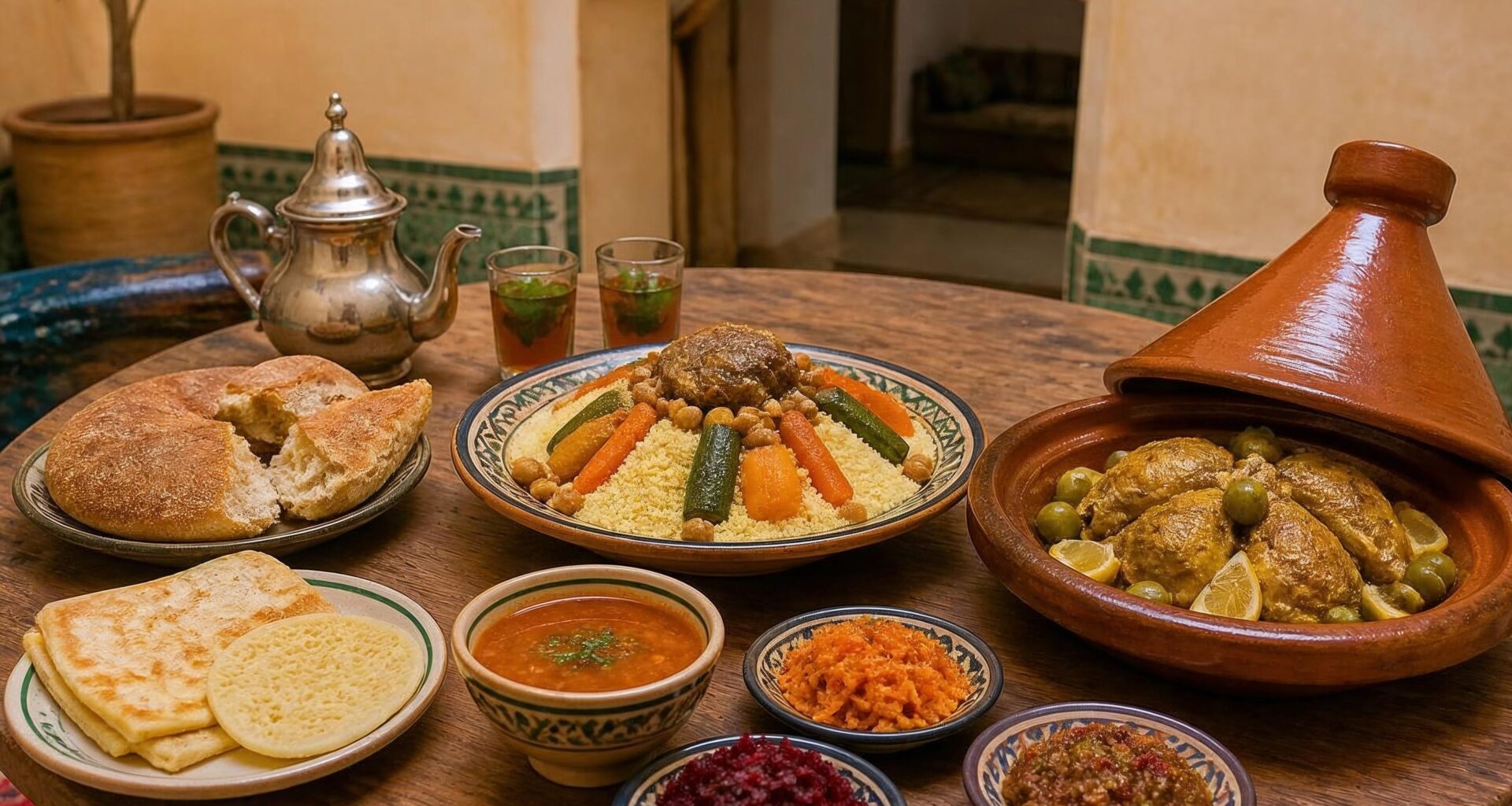 Traditional Moroccan tagine, couscous, salads, bread, harira and mint tea served together