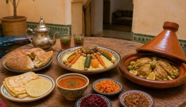Traditional Moroccan tagine, couscous, salads, bread, harira and mint tea served together