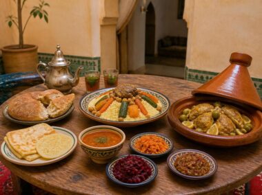 Traditional Moroccan tagine, couscous, salads, bread, harira and mint tea served together