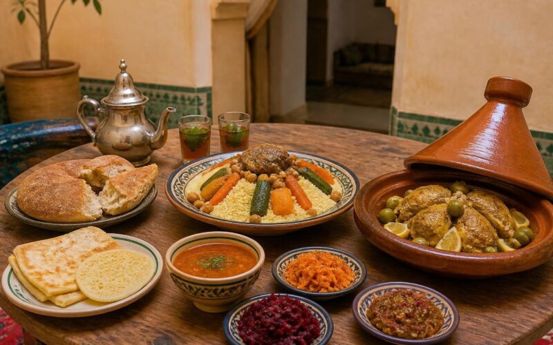 Traditional Moroccan tagine, couscous, salads, bread, harira and mint tea served together