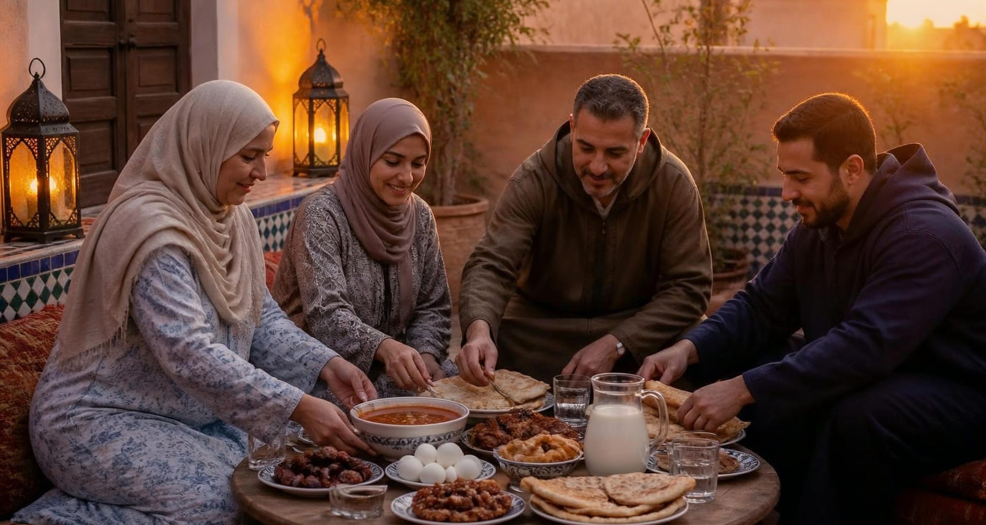 Moroccan family preparing an iftar table at sunset during Ramadan