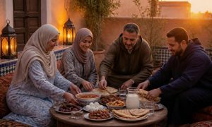 Moroccan family preparing an iftar table at sunset during Ramadan