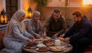 Moroccan family preparing an iftar table at sunset during Ramadan