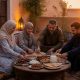 Moroccan family preparing an iftar table at sunset during Ramadan