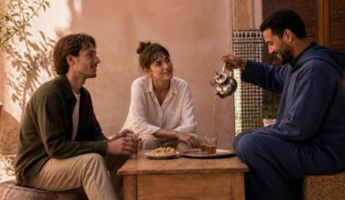 Moroccan host pouring mint tea for international visitors in a traditional courtyard