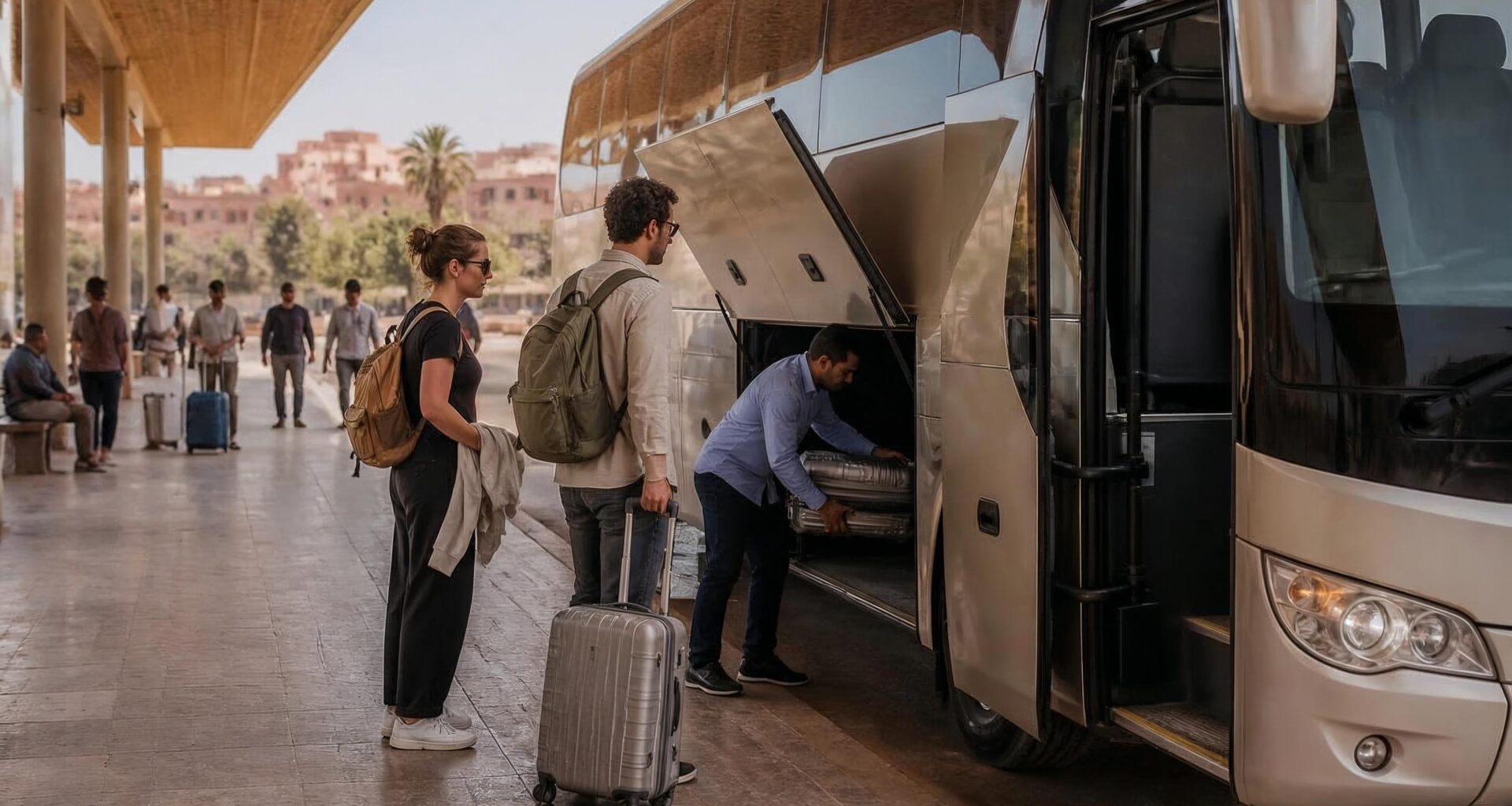 Modern intercity coach at a Moroccan bus station with travelers preparing to board