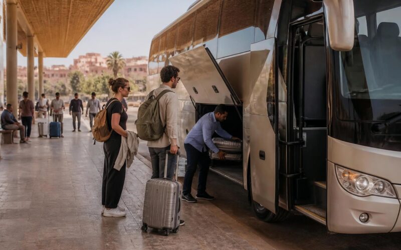 Modern intercity coach at a Moroccan bus station with travelers preparing to board