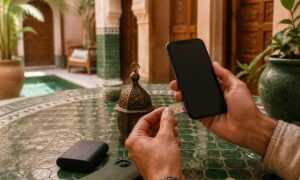 Traveler installing a SIM card in a smartphone at a Moroccan riad