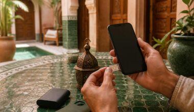 Traveler installing a SIM card in a smartphone at a Moroccan riad