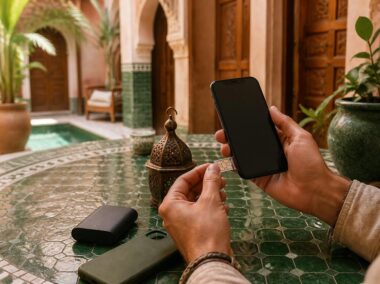 Traveler installing a SIM card in a smartphone at a Moroccan riad