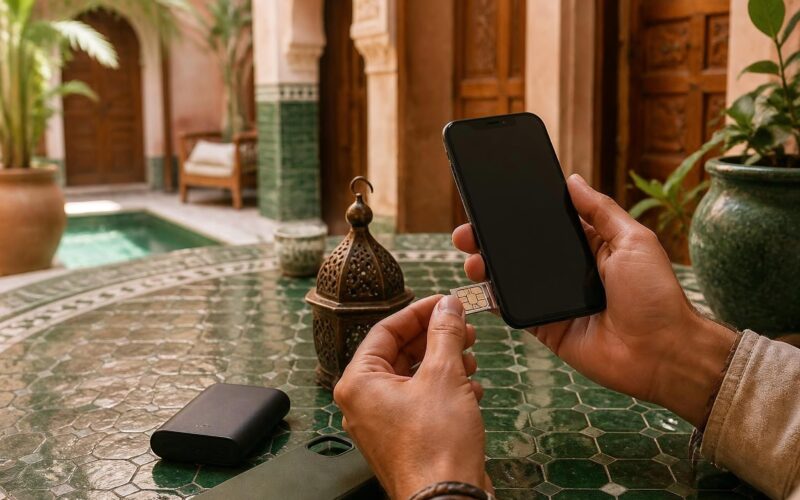 Traveler installing a SIM card in a smartphone at a Moroccan riad