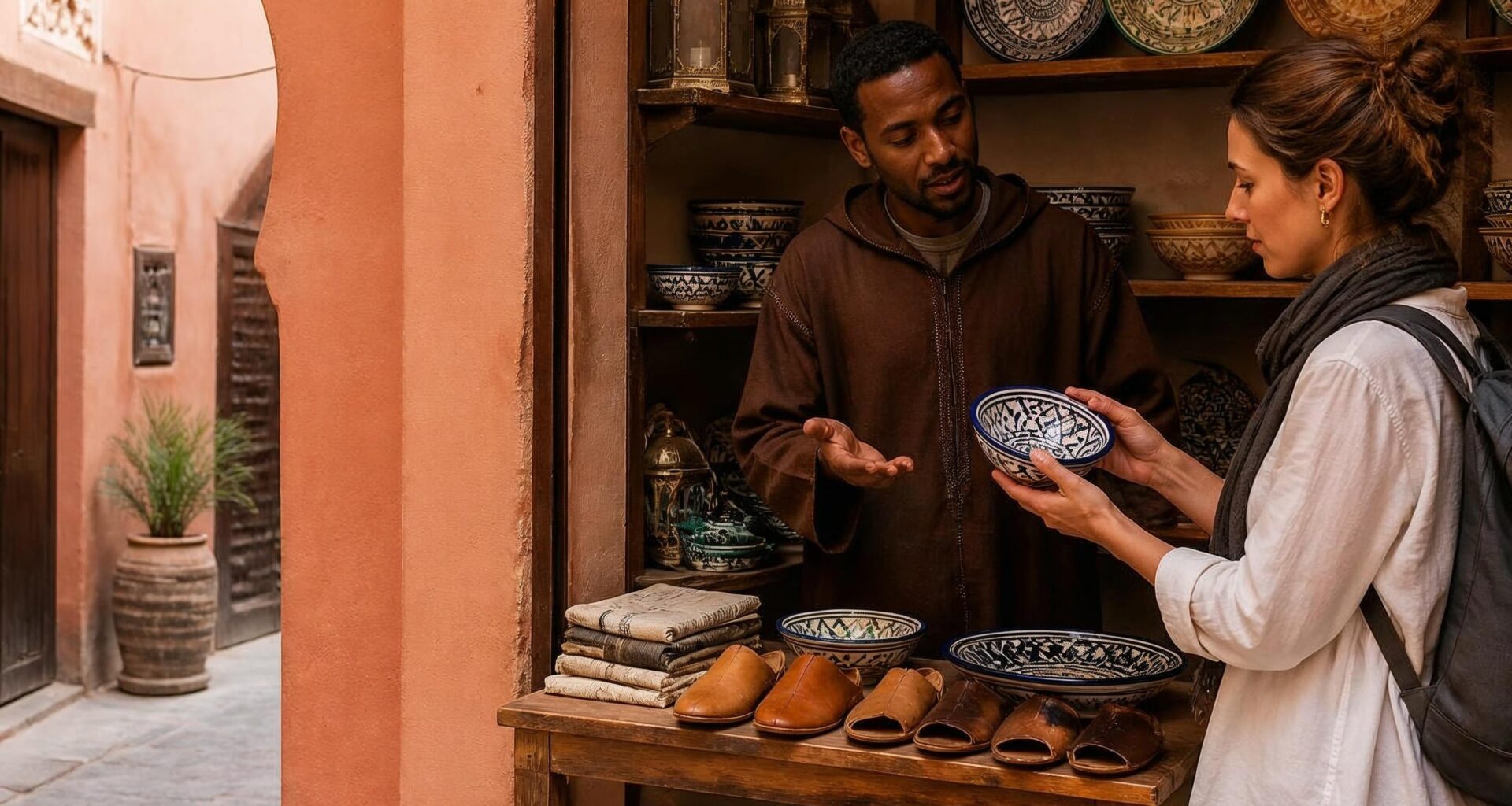 Traveler examining handmade ceramics while speaking with a seller in a Moroccan souk