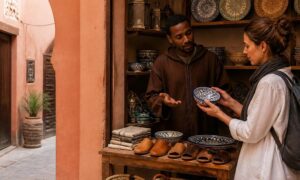 Traveler examining handmade ceramics while speaking with a seller in a Moroccan souk