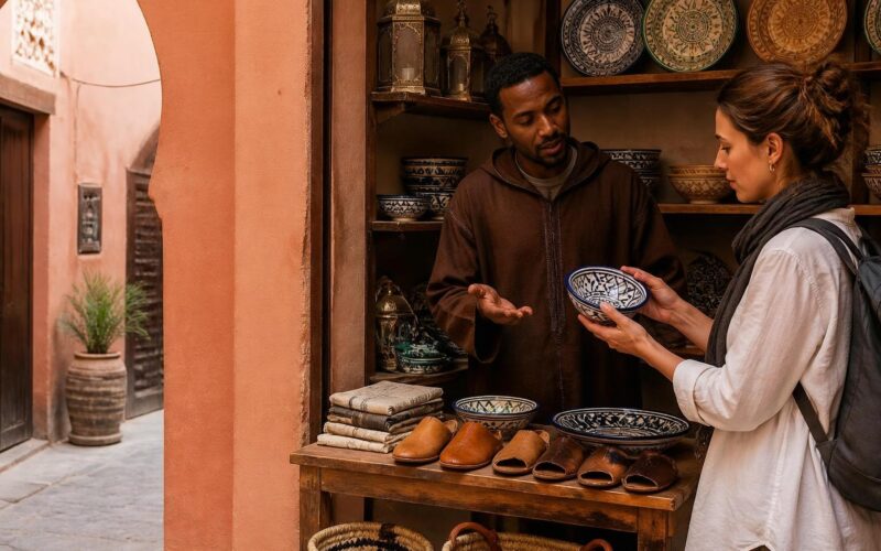 Traveler examining handmade ceramics while speaking with a seller in a Moroccan souk