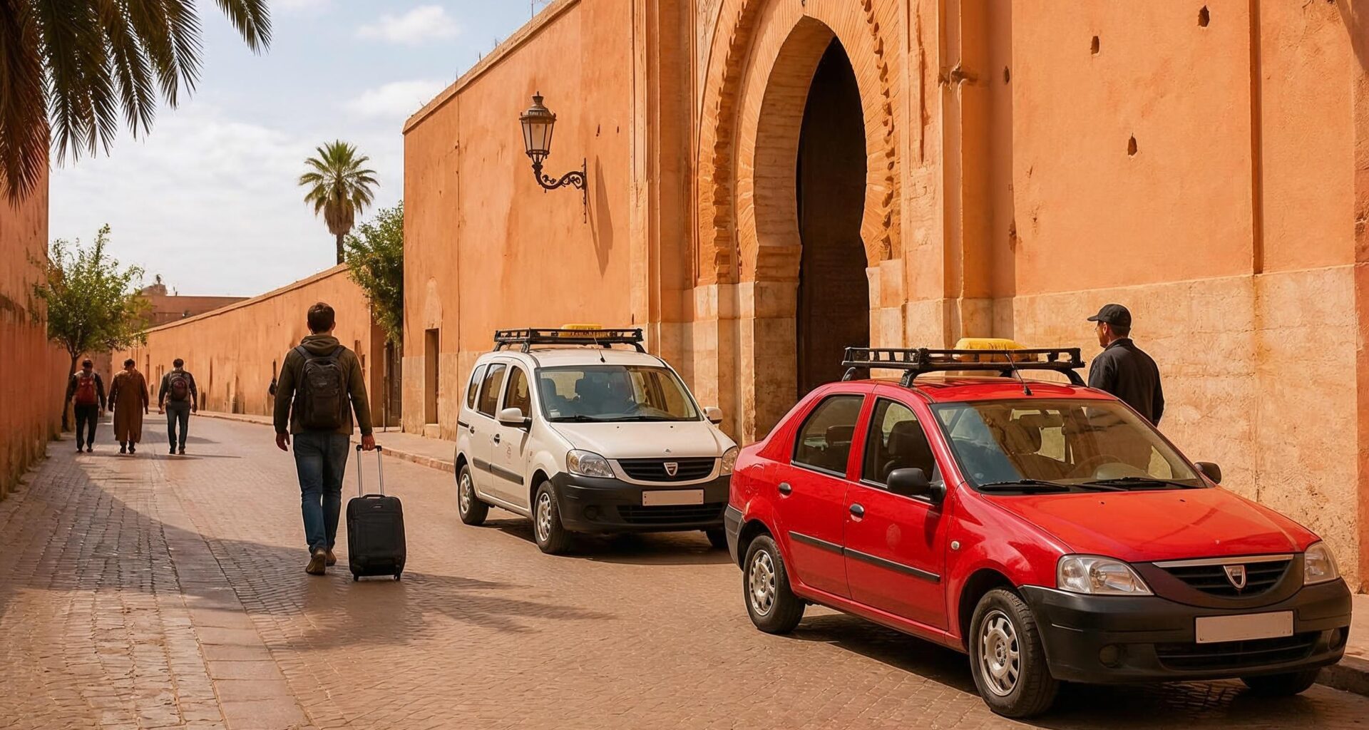 Petit taxi and grand taxi waiting near a Moroccan medina