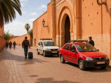 Petit taxi and grand taxi waiting near a Moroccan medina