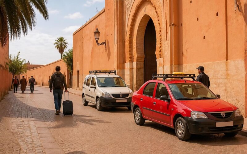 Petit taxi and grand taxi waiting near a Moroccan medina
