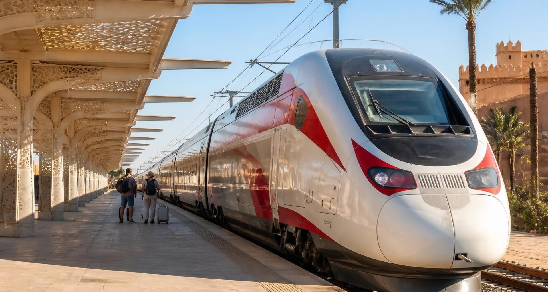 Modern passenger train arriving at a railway station in Morocco