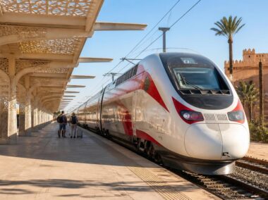 Modern passenger train arriving at a railway station in Morocco