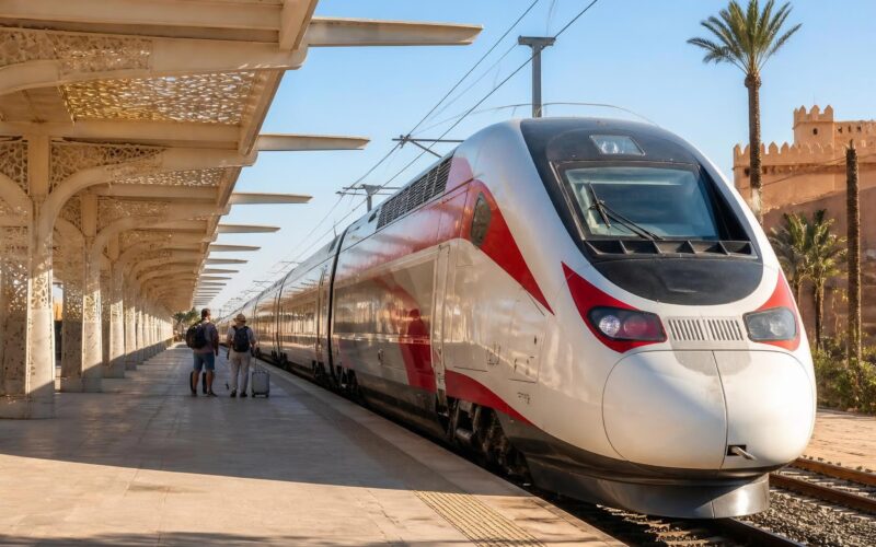 Modern passenger train arriving at a railway station in Morocco