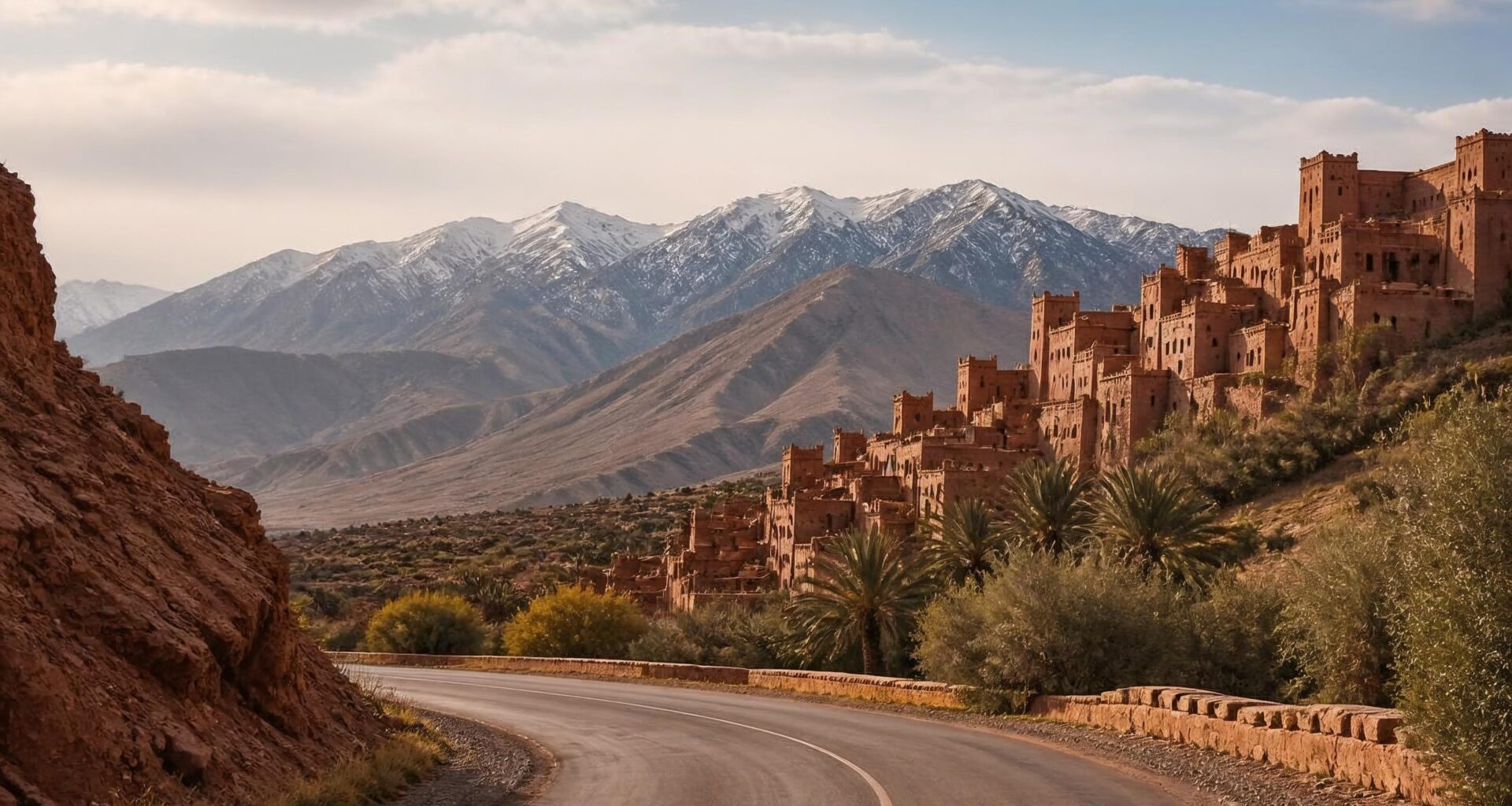 Road through the Atlas Mountains toward a traditional Moroccan kasbah