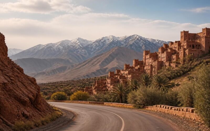 Road through the Atlas Mountains toward a traditional Moroccan kasbah