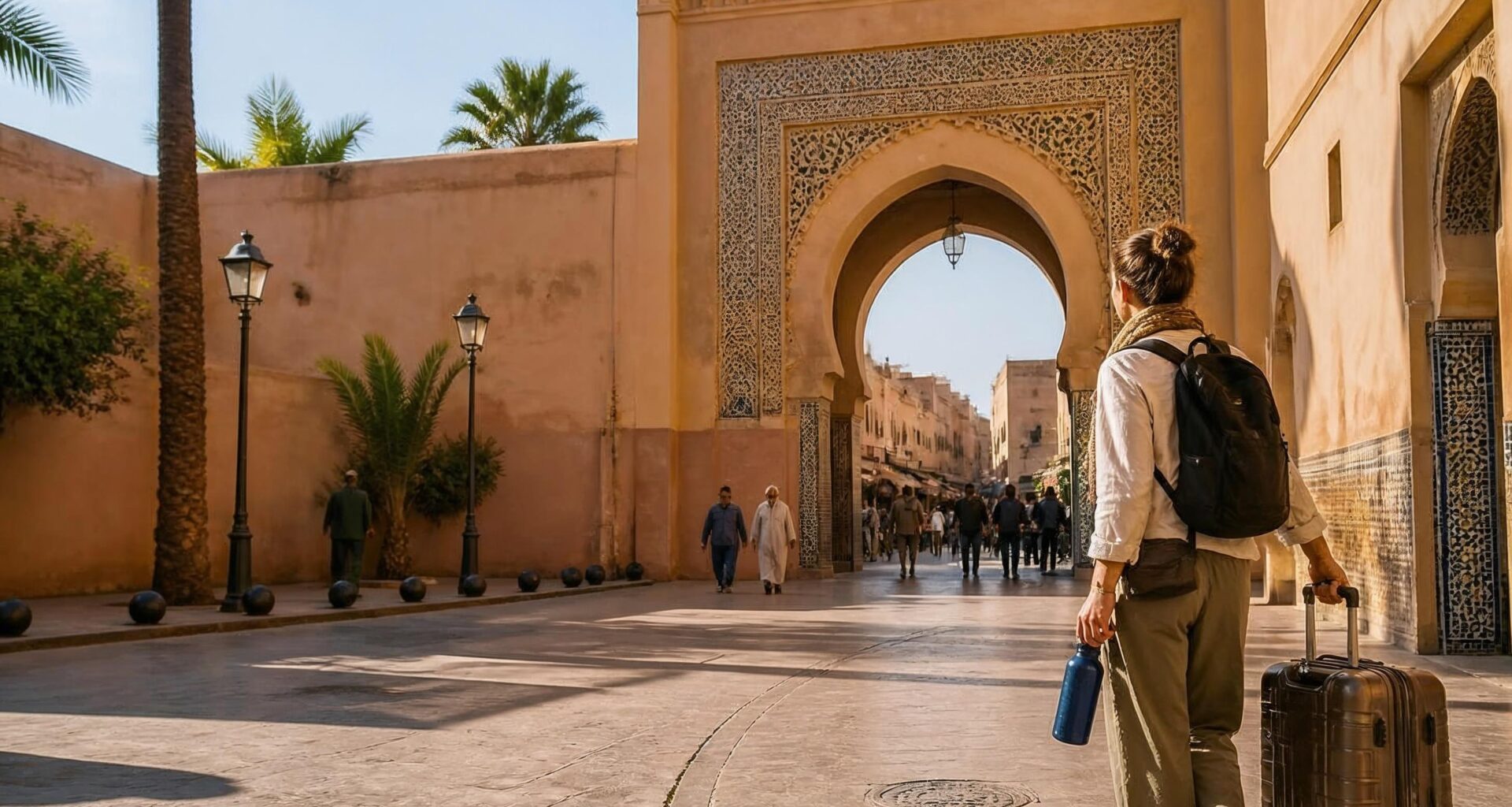 irst-time traveler entering a Moroccan medina with practical travel essentials