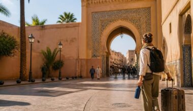 irst-time traveler entering a Moroccan medina with practical travel essentials