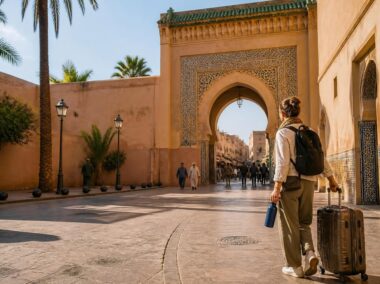 irst-time traveler entering a Moroccan medina with practical travel essentials